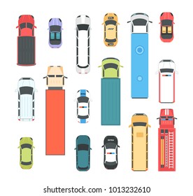 Vehicles - set of modern vector city elements isolated on white background for creating your own images. Different cars, buses, lorries, firefighting engine, police, taxi. Top view position