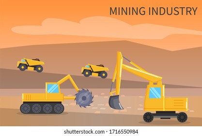 Vehicles that used in mining industry. Lorry and bulldozers riding on quarry territory. Yellow industrial machines for transportation raw or digging quarry. Vector illustration in flat style