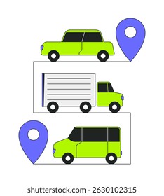 Seguimiento de vehículos con pines de ubicación Ilustración de ui de incorporación 2D. Entrega de coches, camiones y furgonetas. Logística, viaje, concepto de dibujos animados de gestión de flotas aislado en blanco. Metáfora de Vector abstracto plano