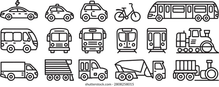 Vehicles Transport Icons Set with Bus Truck Car Van Ambulance and Tanker in Bold Line Style on White Background