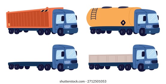 Veículos de transporte de contentores. Carga ou líquido em transporte de tanques. Carro furgão ou cisterna. Transporte de entrega. Máquina automática para logística. Transportadora. Caminhão pesado isolado. Conjunto vetorial de caminhões