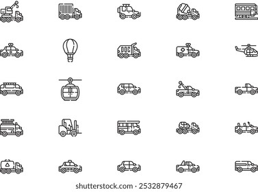 Vehicles and transports icons collection is a vector illustration with editable stroke.