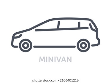 Concepto de tipos de vehículos. Icono minimalista con minivan. Coche para viajar con la familia. Cómodo automóvil para recorrer la ciudad. Dibujo vectorial plano de dibujos animados aislado en fondo blanco
