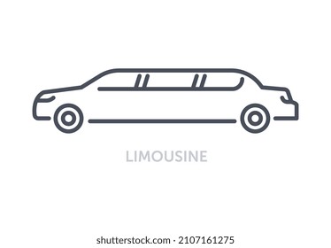 Concepto de tipos de vehículos. Icono de limusina minimalista. Largo coche para un gran grupo de personas. Automóvil ceremonial para eventos y vacaciones. Dibujo vectorial plano de dibujos animados aislado en fondo blanco