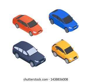 Vehicles Types - modern vector isometric colorful elements isolated on white background. High quality set of different cars for creating your design, hatchback, sedan. Urban transport concept