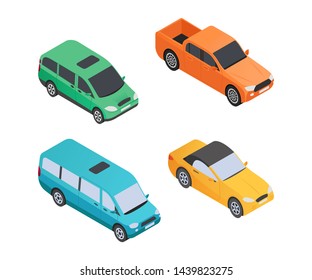 Vehicles Types - modern vector isometric colorful elements isolated on white background. High quality set of different cars for creating your design, pickup, minibus, limousine. Urban transport theme
