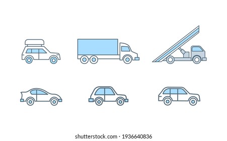 Vehicles vector flat line illustration isolated on white background. Ground transportation, passenger car, jeep with baggage on the roof, truck, lorry icons for mobile application or website design.