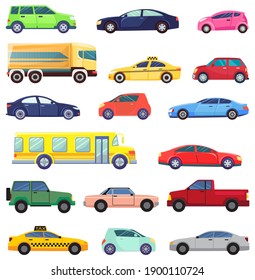 Vehicles Vector, Isolated Set Of Transportation. School Bus Public Transportation And Taxi Service. Electric Car Eco-friendly Mini-van Retro Connection Illustration In Flat Style Design For Web, Print