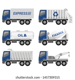 Vehicles Vector - Trucks Collections, Container, Garbage, Oil, Mixer, Dump truck, and towing truck - in flat design and cartoon style