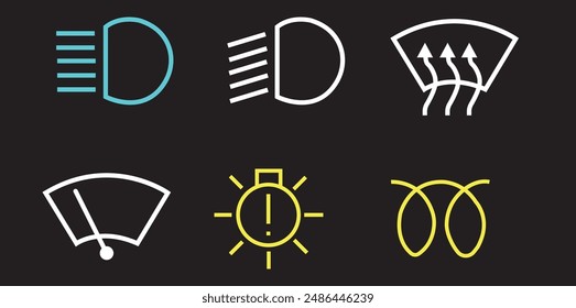 Luces del salpicadero del vehículo, luces de fallo del coche, conjunto de iconos de luces del salpicadero del vehículo Vector