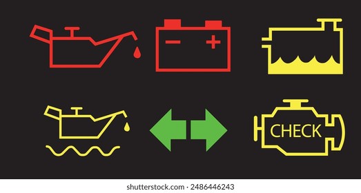 Luces del salpicadero del vehículo, luces de fallo del coche, conjunto de iconos de luces del salpicadero del vehículo Vector