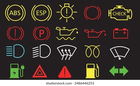 Luces del salpicadero del vehículo, luces de fallo del coche, conjunto de iconos de luces del salpicadero del vehículo Vector