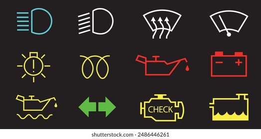 Luces del salpicadero del vehículo, luces de fallo del coche, conjunto de iconos de luces del salpicadero del vehículo Vector