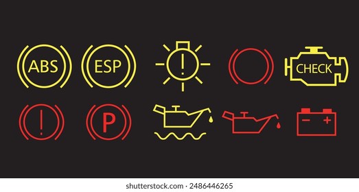 Luces del salpicadero del vehículo, luces de fallo del coche, conjunto de iconos de luces del salpicadero del vehículo Vector