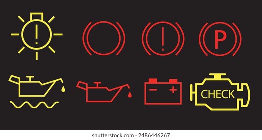 Veichle dashboard lights, car fault lights, veichle dashboard light icon set vector