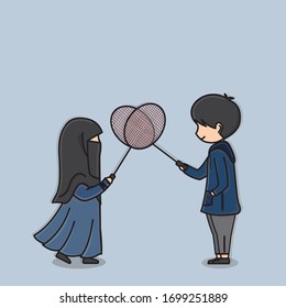 Veil Character Playing Badminton, Vector Illustration, on Blue Background. Cute Couple. Romantic
