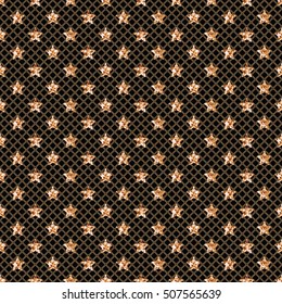 Veil seamless pattern with gold glittering stars on black background. Vector illustration.