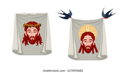 Veil of Veronica. Holy face Jesus Christ on a towel. Vector illustration isolated on a white background in a cartoon design.