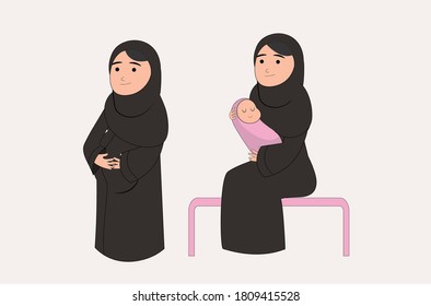 A veiled arab woman holds her baby and a pregnant woman