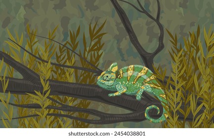 Veiled chameleon sits on a large branch of a tropical tree. Chamaeleo calyptratus. Realistic vector landscape