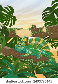 Veiled chameleon sits on a large branch of a tropical tree covered with moss. Chamaeleo calyptratus. Realistic vector vertical landscape