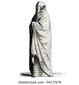 veiled woman - vintage engraved illustration - "Costumes anciens et modernes " by Cesare Veccello ed.Firmin-Didot  in 1859 - Paris