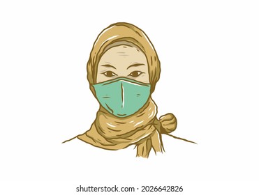 veiled woman wearing a medical mask vintage illustration drawing design