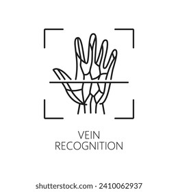 Vein recognition, Biometric identification, and verification icon. Isolated vector linear sign, featuring intertwining veins on hand inside of scanning frame. Advanced authentication for secure access