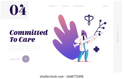 Vein Thrombosis Treatment, Vaccination, Medication Landing Page Template. Tiny Female Doctor Character Carry Huge Syringe with Antibiotic or Medicine for Illness Healing. Cartoon Vector Illustration