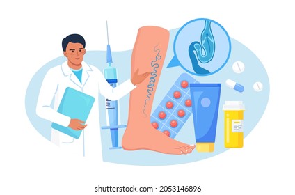Vein Thrombosis and Varicose Treatment Concept. Doctor examining of Huge Foot and diagnosis Blood Vessels and Veins diseases. Podiatry. Vector illustration