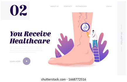 Vein Thrombosis, Varicose Treatment Landing Page Template. Tiny Doctor Character Stand on Ladder with Magnifying Glass Looking on Huge Foot with Diseased Veins, Podiatry. Cartoon Vector Illustration