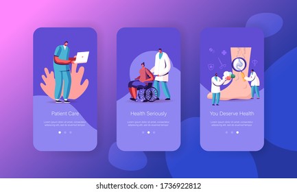 Vein Thrombosis and Varicose Treatment Mobile App Page Onboard Screen Template. Tiny Doctor Characters with Medical Instrument Huge Foot with Diseased Veins Concept. Cartoon People Vector Illustration