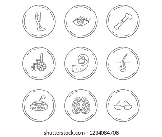 Vein varicose, neurology and trichology icons. Surgical lamp, glasses and eye linear signs. Bone fracture, wheelchair and weight loss icons. Linear Circles web buttons with icons. Vector