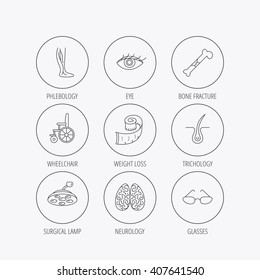 Vein varicose, neurology and trichology icons. Surgical lamp, glasses and eye linear signs. Bone fracture, wheelchair and weight loss icons. Linear colored in circle edge icons.