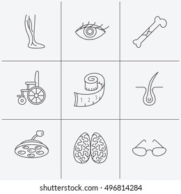 Vein varicose, neurology and trichology icons. Surgical lamp, glasses and eye linear signs. Bone fracture, wheelchair and weight loss icons. Linear icons on white background. Vector