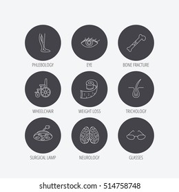 Vein varicose, neurology and trichology icons. Surgical lamp, glasses and eye linear signs. Bone fracture, wheelchair and weight loss icons. Linear icons in circle buttons. Flat web symbols. Vector