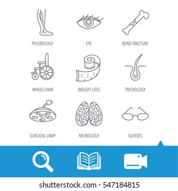 Vein varicose, neurology and trichology icons. Surgical lamp, glasses and eye linear signs. Bone fracture, wheelchair and weight loss icons. Video cam, book and magnifier search icons. Vector