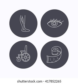 Vein varicose, wheelchair and weight loss icons. Eye linear sign. Flat icons in circle buttons on white background. Vector