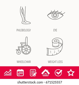 Vein varicose, wheelchair and weight loss icons. Eye linear sign. Edit document, Calendar and Graph chart signs. Star, Check and House web icons. Vector