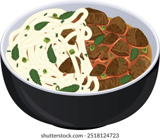 Veitnamese Chicken Pho Bowl. Rice Noodles with Chicken Pieces in Bone Broth and Garnished with Green Onions and Basil Leaves Inside a Black Bowl
