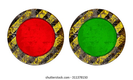Vekton dirty old rusty red and green round button with glowing backlight scratched on a yellow background with black stripes warning about the dangers of