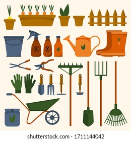 Vekton set of various garden items. Gardening Tools. Flat style, design illustration of items for gardening. Stock illustration. Equipment for gardening and agriculture. plant and garden care.