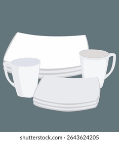 vektor ceramic plates and cups.Clean shiny dishes and porcelain kitchen with dishwashing liquid detergent bottle