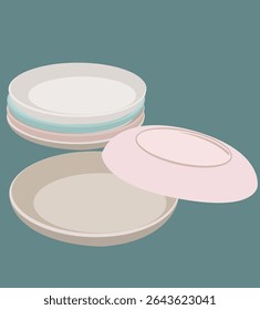 vektor Cookware set icon in flat style. Colorful Dishes.Kitchen household cutlery, cups and ceramic plate.