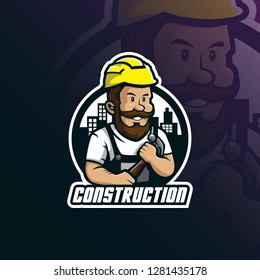 vektor desain logo maskot konstruksi dengan gaya konsep ilustrasi modern untuk badge, emblem dan t shirt printing. ilustrasi pria dengan palu di tangan.