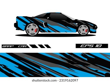 Vektor desain pembungkus mobil balap. Desain kit latar belakang balap garis abstrak grafis untuk kendaraan bungkus, mobil balap, reli, petualangan, dan livery warna biru