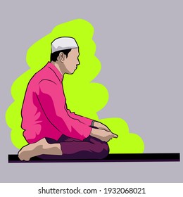 Vektor flat illustrasi seorang ulama atau kiyai atau pemuda yang sedang melakukan sembahyang shalat pada posisi duduk. Baik tahiyyat awal atau akhir. 