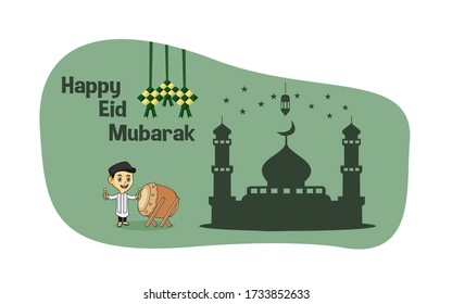 Vektor illustration of Eid Mubarak with Cartoon Character.