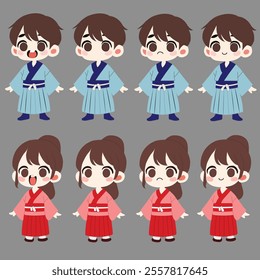 Vektor ilustrasi chibi anak laki-laki dan perempuan mengenakan pakaian tradisional Jepang. Menampilkan ekspresi senang, netral, sedih, dan tersenyum dengan desain minimalis dan sederhana