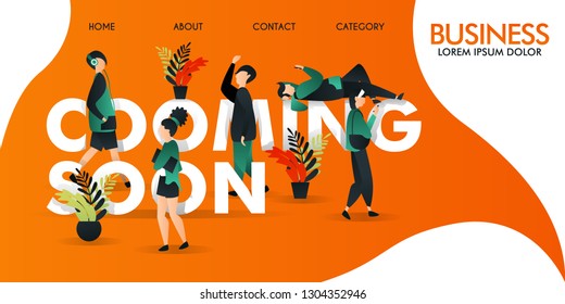 vektor ilustrasi, pria wanita dan orang-orang yang sedang berjalan di sekitar tulisan "COMING SOON". dan seorang pria yang tiduran di atas. can use for, landing page, template, ui, web, mobile app,